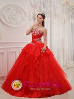 Balearic Islands Spain Appliques Modest Red Christmas Party Dress For Strapless Taffeta and Organza Ball Gown