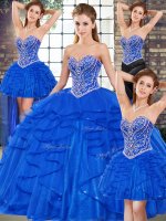 Fashionable Royal Blue Ball Gowns Sweetheart Sleeveless Tulle Floor Length Lace Up Beading and Ruffles Quinceanera Dress