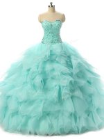 Apple Green Ball Gowns Tulle Sweetheart Sleeveless Beading and Ruffles Floor Length Lace Up Quince Ball Gowns