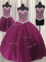 On Sale Three Piece Fuchsia Tulle Lace Up Quince Ball Gowns Sleeveless Floor Length Beading and Sequins