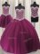 On Sale Three Piece Fuchsia Tulle Lace Up Quince Ball Gowns Sleeveless Floor Length Beading and Sequins