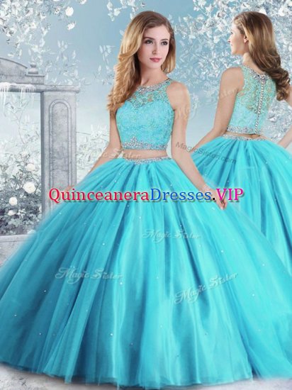 Superior Scoop Sleeveless Quinceanera Dresses Floor Length Beading and Sequins Aqua Blue Tulle - Click Image to Close