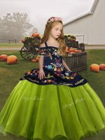 Beautiful Straps Sleeveless Little Girl Pageant Gowns Floor Length Embroidery Olive Green Organza