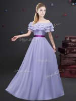 Lavender Dama Dress Prom and Party and Wedding Party with Ruffled Layers and Belt Off The Shoulder Short Sleeves Zipper