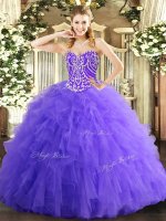 Sweetheart Sleeveless Quince Ball Gowns Floor Length Beading and Ruffles Lavender Tulle