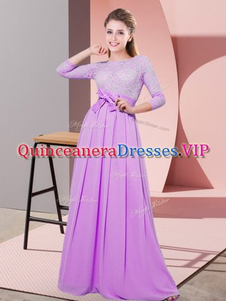3 4 Length Sleeve Chiffon Floor Length Side Zipper Damas Dress in Lilac with Lace and Belt