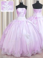Fine Lilac Ball Gowns Beading and Appliques Quinceanera Gowns Lace Up Taffeta Sleeveless Floor Length