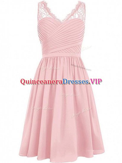 Exceptional Pink Empire Chiffon V-neck Sleeveless Lace and Ruching Knee Length Side Zipper Vestidos de Damas - Click Image to Close