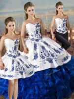 Satin and Organza Sweetheart Sleeveless Lace Up Embroidery and Ruffles Sweet 16 Dresses in Blue And White