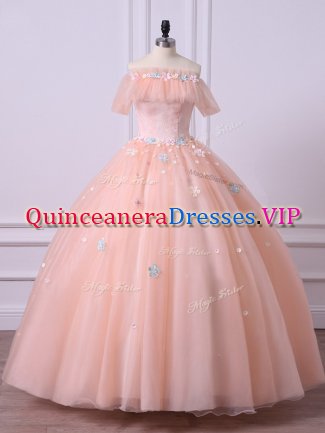 Off The Shoulder Short Sleeves Ball Gown Prom Dress Floor Length Lace and Appliques Peach Tulle