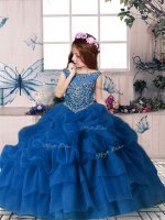 Enchanting Blue Sleeveless Floor Length Beading and Pick Ups Zipper Little Girl Pageant Gowns