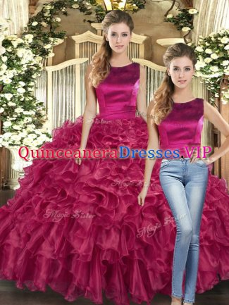 Excellent Fuchsia Two Pieces Scoop Sleeveless Organza Floor Length Lace Up Ruffles Quinceanera Gowns