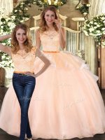 Peach Sleeveless Floor Length Lace Zipper Ball Gown Prom Dress