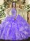Popular Lavender Ball Gowns High-neck Sleeveless Organza Floor Length Lace Up Beading and Ruffles Quince Ball Gowns
