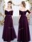 Vintage Short Sleeves Tulle Floor Length Lace Up Dama Dress for Quinceanera in Dark Purple with Ruching