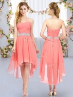 Luxurious Chiffon Sweetheart Sleeveless Lace Up Belt Vestidos de Damas in Watermelon Red