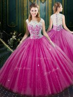Designer Lace Sweet 16 Dresses Fuchsia Zipper Sleeveless Floor Length