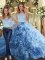 Two Pieces Quinceanera Gown Baby Blue Scoop Fabric With Rolling Flowers Sleeveless Floor Length Zipper