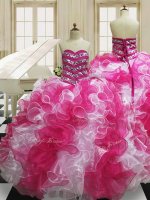 Latest Pink And White Lace Up Sweet 16 Quinceanera Dress Beading and Ruffles Sleeveless Floor Length
