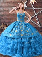 Traditional Sleeveless Floor Length Embroidery and Ruffled Layers Lace Up Sweet 16 Dresses with Blue