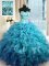 Extravagant Teal Ball Gowns Organza Sweetheart Sleeveless Beading and Ruffles Floor Length Lace Up Quinceanera Gowns