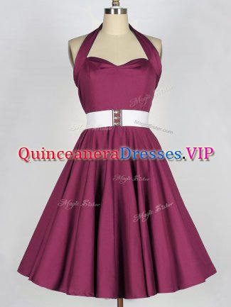 Traditional Sleeveless Taffeta Knee Length Lace Up Damas Dress in Burgundy with Belt