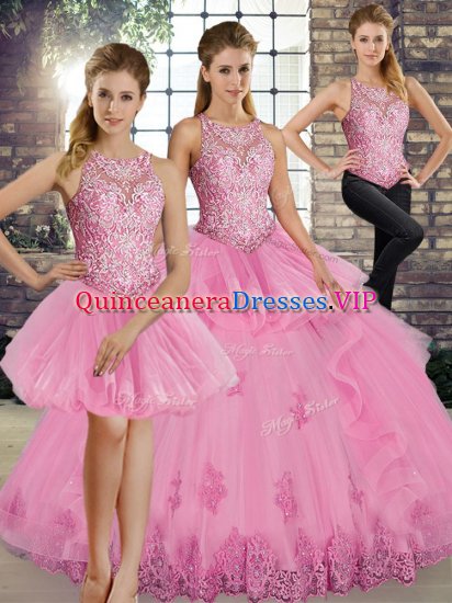 Inexpensive Rose Pink Tulle Lace Up Scoop Sleeveless Floor Length Quinceanera Gown Lace and Embroidery and Ruffles - Click Image to Close