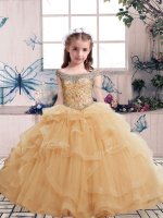 Champagne Ball Gowns Tulle Off The Shoulder Sleeveless Beading and Ruffles Floor Length Lace Up Little Girl Pageant Dress