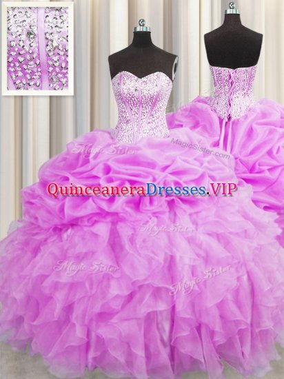 Pretty Visible Boning Lilac Ball Gowns Sweetheart Sleeveless Organza Floor Length Lace Up Beading and Ruffles and Pick Ups 15th Birthday Dress - Click Image to Close