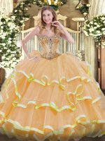 Gold Lace Up Quinceanera Dresses Beading and Ruffles Sleeveless Floor Length(SKU SJQDDT1111002-2BIZ)