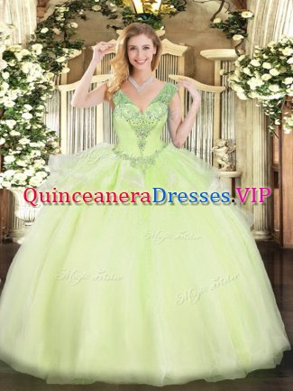 Yellow Green Tulle Lace Up V-neck Sleeveless Floor Length Sweet 16 Dress Beading