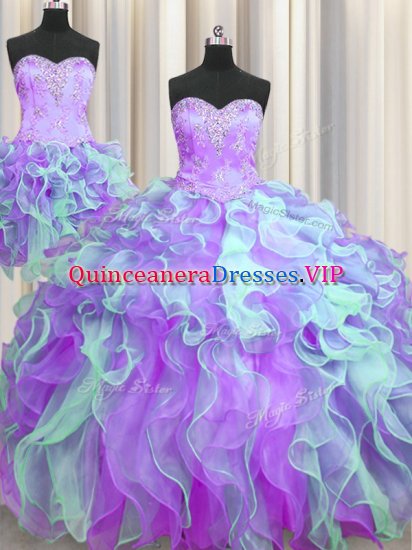 Glamorous Three Piece Sweetheart Sleeveless Quince Ball Gowns Floor Length Beading and Appliques Multi-color Organza - Click Image to Close