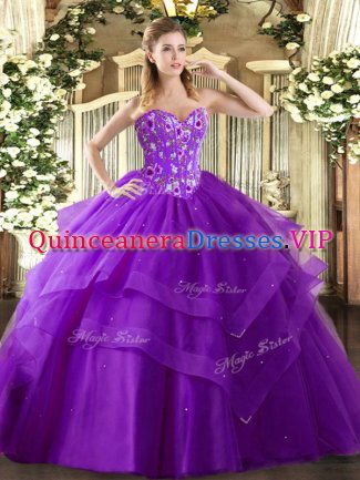 Eggplant Purple Sweetheart Lace Up Embroidery and Ruffled Layers Quinceanera Gowns Sleeveless
