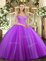 Nice Eggplant Purple Lace Up V-neck Beading Ball Gown Prom Dress Tulle Sleeveless