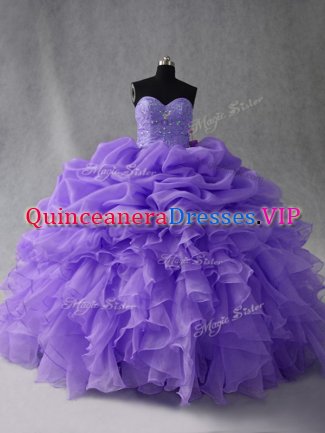 Beauteous Lavender Ball Gowns Beading and Ruffles Quinceanera Gown Lace Up Organza Sleeveless Floor Length