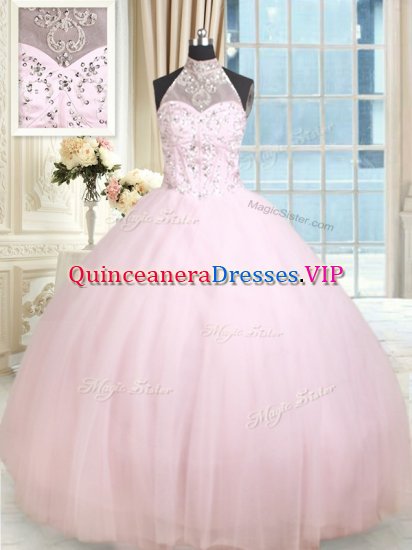 Halter Top Floor Length Lace Up Quinceanera Dresses Baby Pink for Military Ball and Sweet 16 and Quinceanera with Beading - Click Image to Close