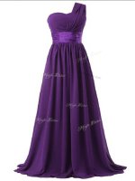 Chic Purple Sleeveless Ruching Floor Length Dama Dress