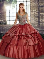 Rust Red Sleeveless Taffeta Lace Up Quinceanera Dress for Military Ball and Sweet 16 and Quinceanera
