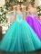 Captivating Aqua Blue Ball Gowns Tulle V-neck Sleeveless Beading Floor Length Lace Up 15 Quinceanera Dress
