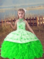 Great Sleeveless Organza Floor Length Lace Up Pageant Dress for Girls in Green with Beading and Embroidery and Ruffles