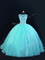 Aqua Blue Ball Gowns Tulle Scoop Sleeveless Beading and Lace Floor Length Lace Up Quinceanera Dress(SKU PSSW1121BIZ)
