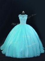 Aqua Blue Ball Gowns Tulle Scoop Sleeveless Beading and Lace Floor Length Lace Up Quinceanera Dress