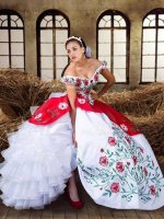 Off the Shoulder Ruffled Floor Length Ball Gowns Cap Sleeves White and Red Sweet 16 Quinceanera Dress Lace Up(SKU XBQD001BIZ)
