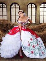 Off the Shoulder Ruffled Floor Length Ball Gowns Cap Sleeves White and Red Sweet 16 Quinceanera Dress Lace Up