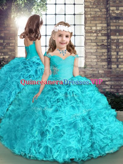 Aqua Blue Organza Lace Up Little Girls Pageant Dress Wholesale Sleeveless Floor Length Beading - Click Image to Close