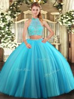 Elegant Aqua Blue Two Pieces Halter Top Sleeveless Tulle Floor Length Criss Cross Beading Ball Gown Prom Dress(SKU SJQDDT1032002-3BIZ)