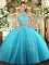Elegant Aqua Blue Two Pieces Halter Top Sleeveless Tulle Floor Length Criss Cross Beading Ball Gown Prom Dress