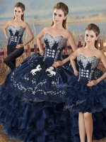 Navy Blue Satin and Organza Lace Up Sweet 16 Dress Sleeveless High Low Embroidery and Ruffles