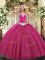 Delicate Hot Pink Ball Gowns Sweetheart Sleeveless Tulle Floor Length Lace Up Appliques Quinceanera Dress