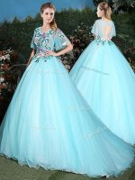 Scoop Half Sleeves Tulle 15 Quinceanera Dress Appliques Brush Train Lace Up